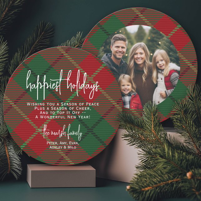 Cirkelfoto bak - Röd grön rutig - Gladast Julkort (Unique Circle Greeting Card with Christmas Photo)