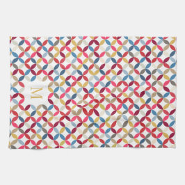 Cirkelkvarts mönster röd guld monogram kökshandduk