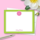 Cirkelmonogram Priddy Rosa & Limegrön Anteckningskort<br><div class="desc">Den här feminina designen har en enkel ram med en cirkel högst upp som innehåller en monogram-initial och plats för namn/text längst ned. Klicka på knappen för anpassning om du vill ändra designelementen och/eller modifiera texten ytterligare! Variationer av denna design, fler färger och matchande produkter finns i vår butik, zazzle.com/store/doodlelulu....</div>