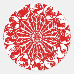 Cirkla kinesisk Zodiac Papercut Runt Klistermärke