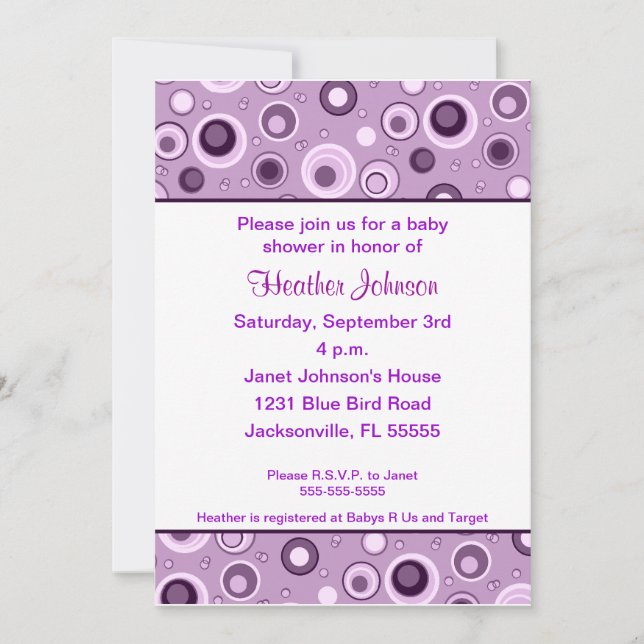 Cirklar baby shower - lila inbjudningar (Framsida)