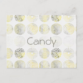 Cirklar, hand plockade, spiral, punkter, gult, bru vykort