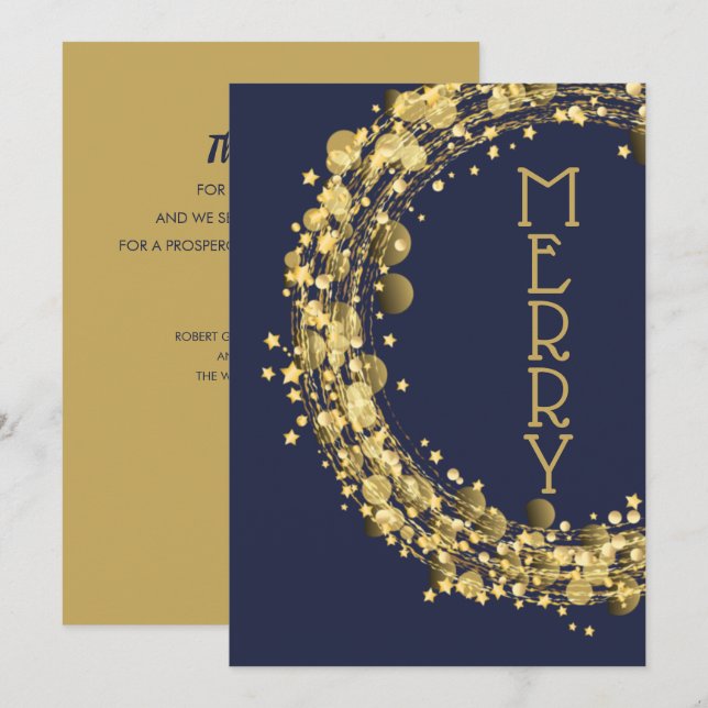 Cirklar och stjärnor på marinblått julkort (Fram/baksida)