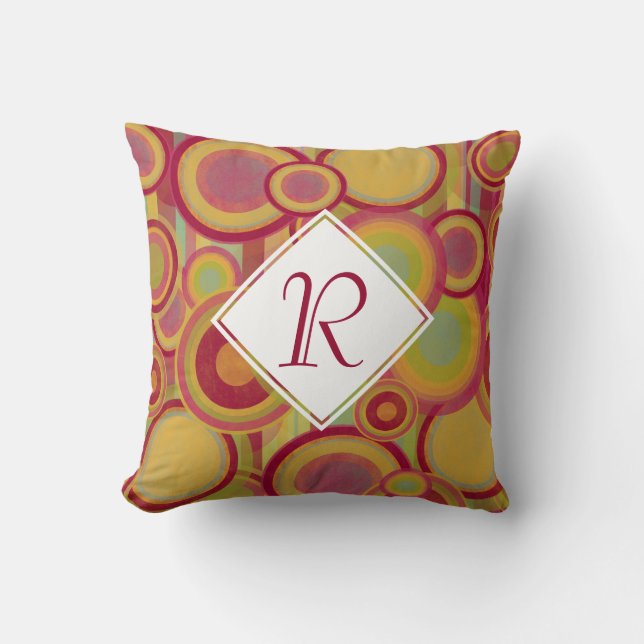 Cirklar & Ränder, Röd, Gul & Grön Monogram Kudde (Framsida)