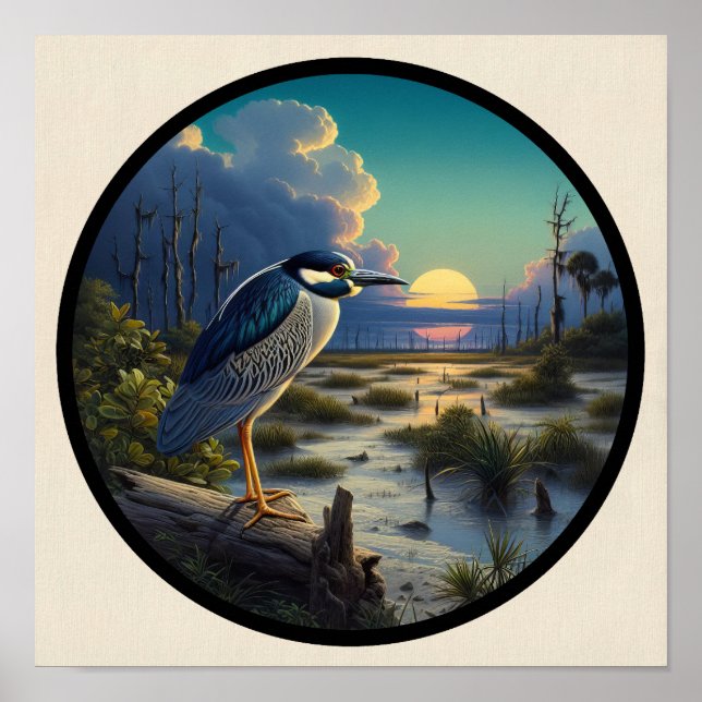 Cirkulär 3D-bild av en guldkronad natthäger Poster (Framsidan)