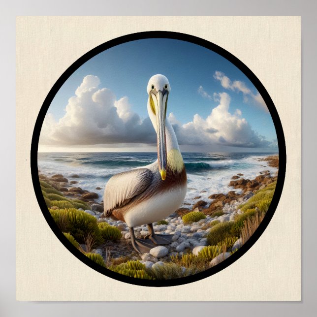 Cirkulär 3D-bild av en vacker brun pelikan Poster (Framsidan)