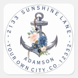 Cirkulär adressetikett för blå Rosa-Blommigt Fyrkantigt Klistermärke