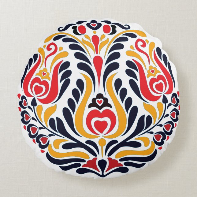 Cirkulär folkkonst mönster rund kudde (Framsidan)