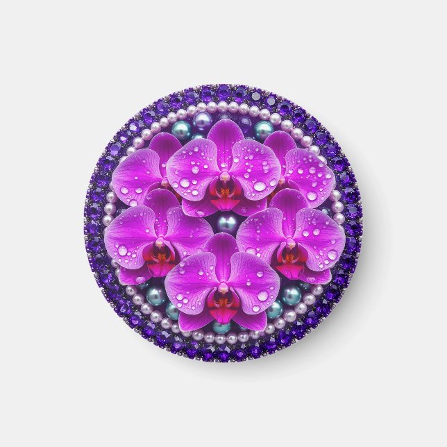 Cirkulär lila orkidéblommig arrangemang magnet (Framsidan)