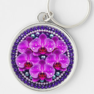 Cirkulär lila orkidéblomsterarrangemang rund silverfärgad nyckelring