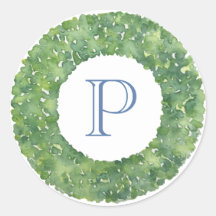 Cirkulär vintergrön krans monogram blå