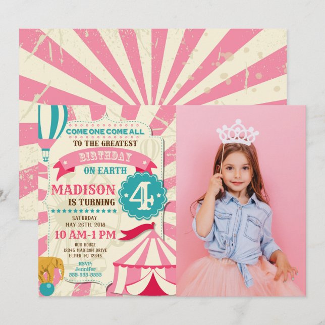 Cirkus födelsedagsinbjudan flicka karneval inbjuda inbjudningar (Fram/baksida)
