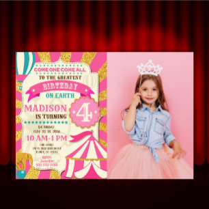 Cirkus Födelsedagsinbjudan Karneval Rosa Guld Inbjudningar