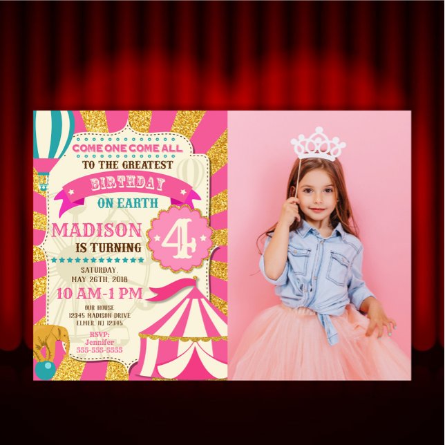 Cirkus Födelsedagsinbjudan Karneval Rosa Guld  Inbjudningar (Skapare uppladdad)