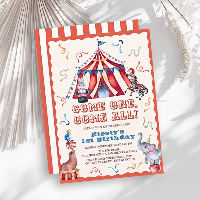 Cirkus Karneval Tält Djur 1-årsdag Inbjudningar (Skapare uppladdad)