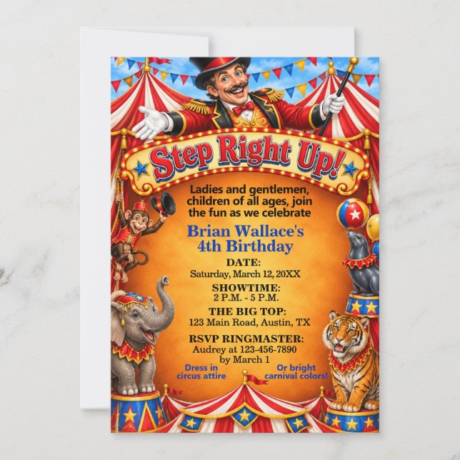 Cirkus Ringmaster Steg rätt upp Födelsedag Inbjudningar (Framsida)