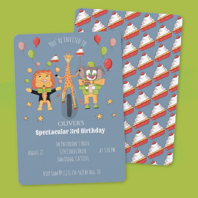 Cirkus tema barn födelsedagsinbjudan inbjudningar (Circus theme blue-grey kid birthday invitation with cherry pie pattern on the back . )