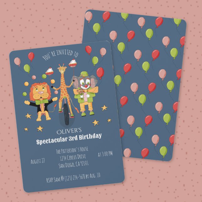 Cirkus tema mörkblå barnkalasinbjudan inbjudningar (Circus theme child's birthday dark blue invitation .)