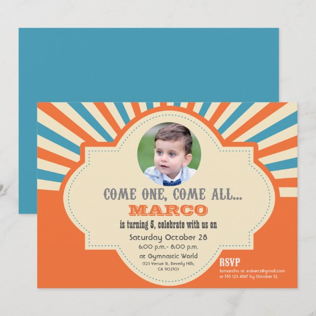 Cirkus Thors| Foto för Anpassningsbar| Födelsedag Inbjudningar (Fram/baksida)