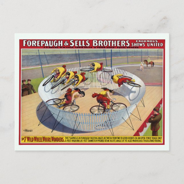 Cirkusaffisch av The Seven Gaynells ridande på cyk Vykort (Framsida)