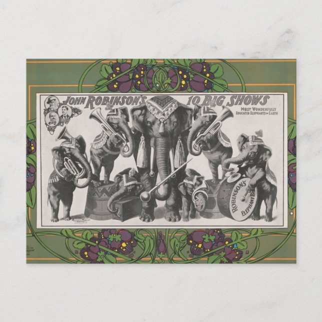 Cirkusaffisch med elefanter som spelar instrument vykort (Framsida)