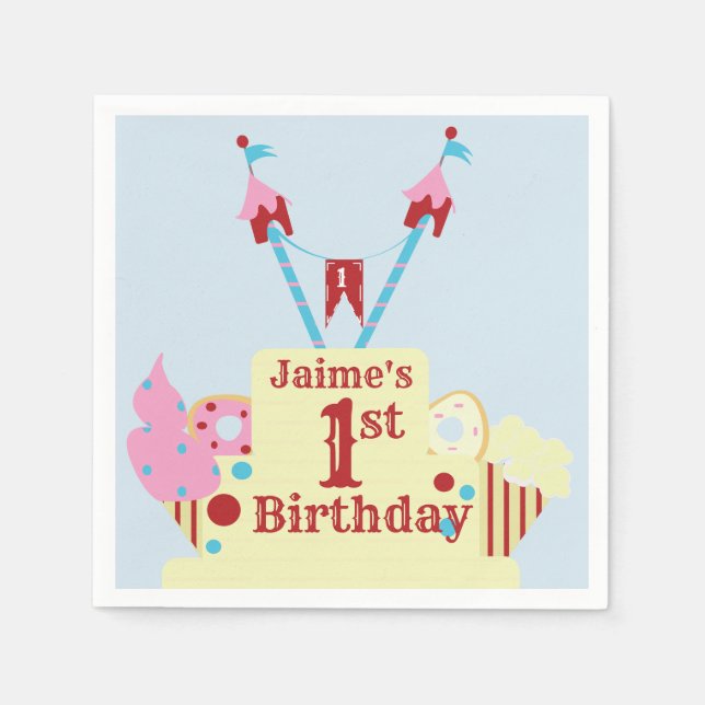 Cirkuskarnevalstårta 1-årsdag Alla åldrar Pappersservett (Framsidan)