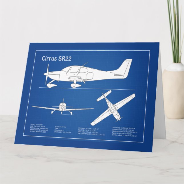 Cirrus SR22 - Flygplan Blueprint Teckning Plans AB Tack Kort (Framsida)