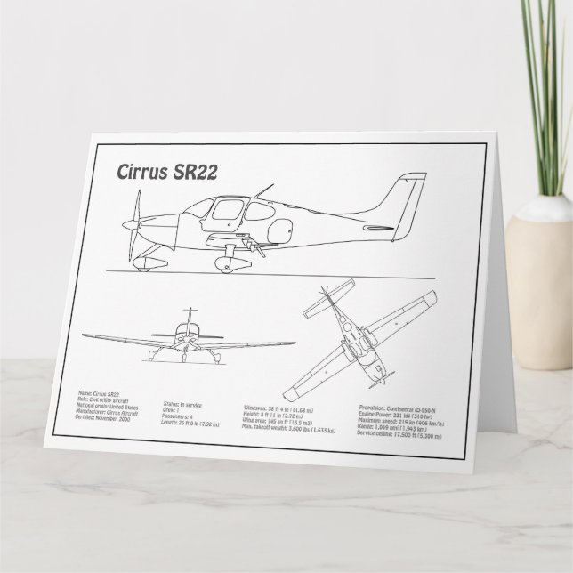 Cirrus SR22 - Flygplan Blueprint Teckning Plans BD Tack Kort (Framsida)