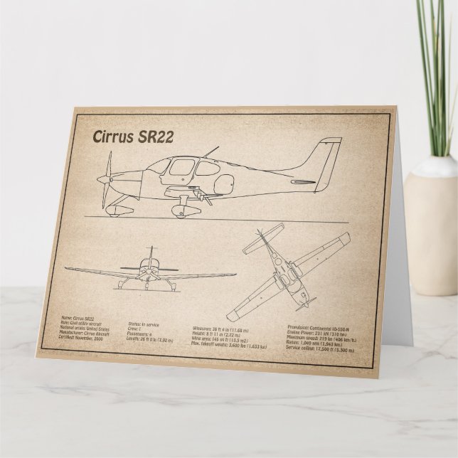 Cirrus SR22 - Flygplan Blueprint Teckning Plans SD Tack Kort (Framsida)
