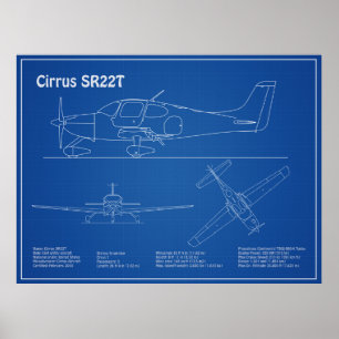 Cirrus SR22T - Flygplan Blueprint Teckning Plans A Poster