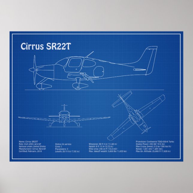 Cirrus SR22T - Flygplan Blueprint Teckning Plans A Poster (Framsidan)