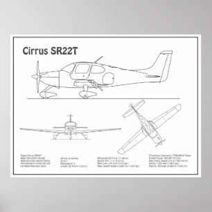 Cirrus SR22T - Flygplan Blueprint Teckning Plans B Poster