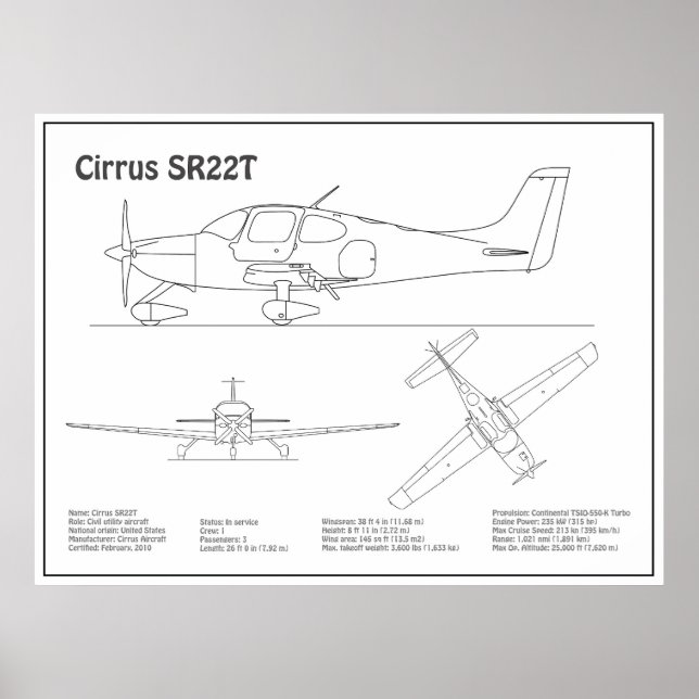 Cirrus SR22T - Flygplan Blueprint Teckning Plans B Poster (Framsidan)