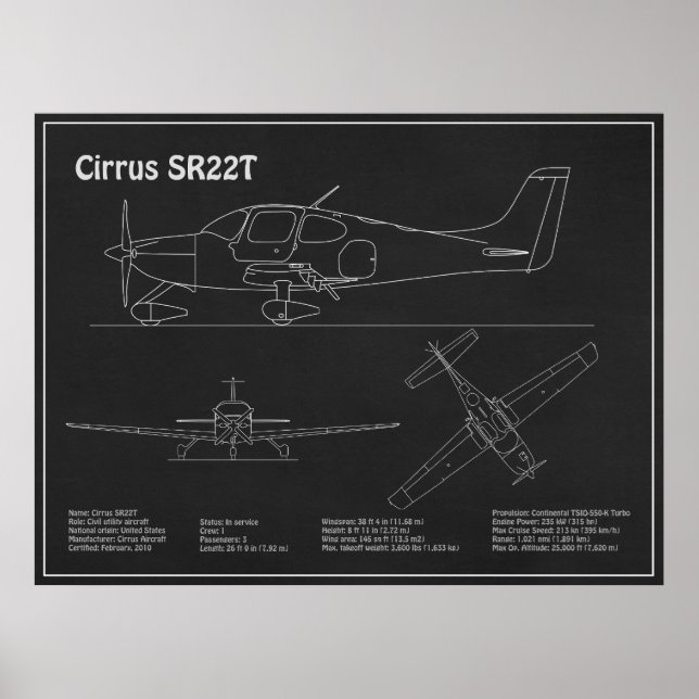 Cirrus SR22T - Flygplan Blueprint Teckning Plans P Poster (Framsidan)