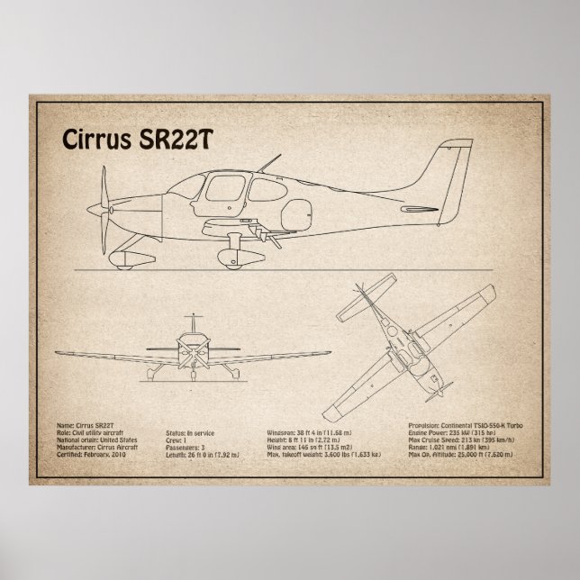 Cirrus SR22T - Flygplan Blueprint Teckning Plans S Poster (Framsidan)