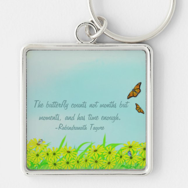 Citat från Butterflies-blommor Fyrkantig Silverfärgad Nyckelring (Framsidan)