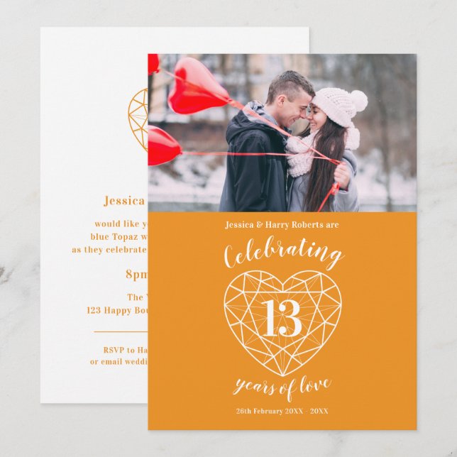 Citrinhjärta årsdag 13 år foto orange inbjudningar (Fram/baksida)