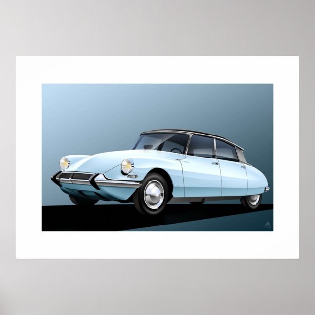 Citroen DS19 Blek Blue Artwork Poster (Framsidan)