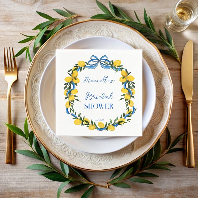 Citron blå band bröllopsdusch monogram pappersservett (Lemons blue bow ribbon coquette citrus Italian bridal shower monogrammed napkins personalized decor)