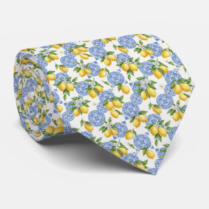 Citron Blå Vit Kakel Mediterrensk Bröllop Groom Slips