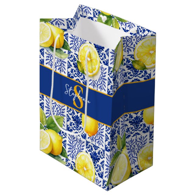 Citron Blå Vit Kakelmönster Namn Monogram Citrus (Framsidan Vinklad)