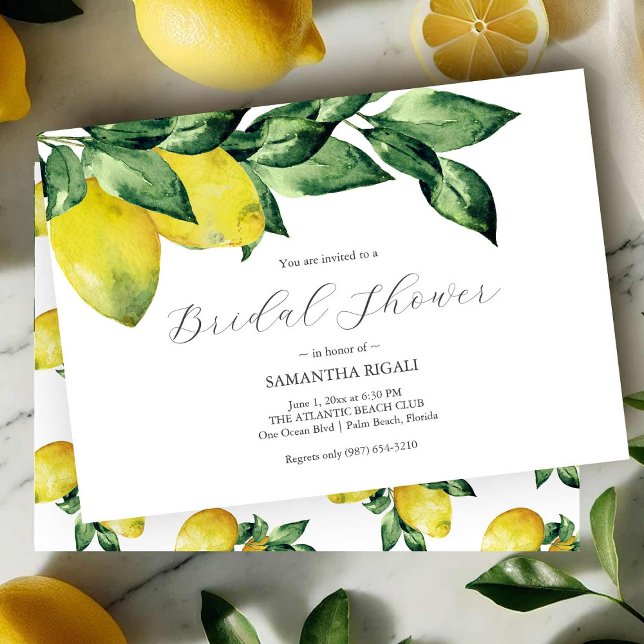 Citron Bröllopsdusch-inbjudningar | Horisontell Inbjudningar (Watercolor lemons bridal shower invitations art by Victoria Grigaliunas of Do Tell A Belle)