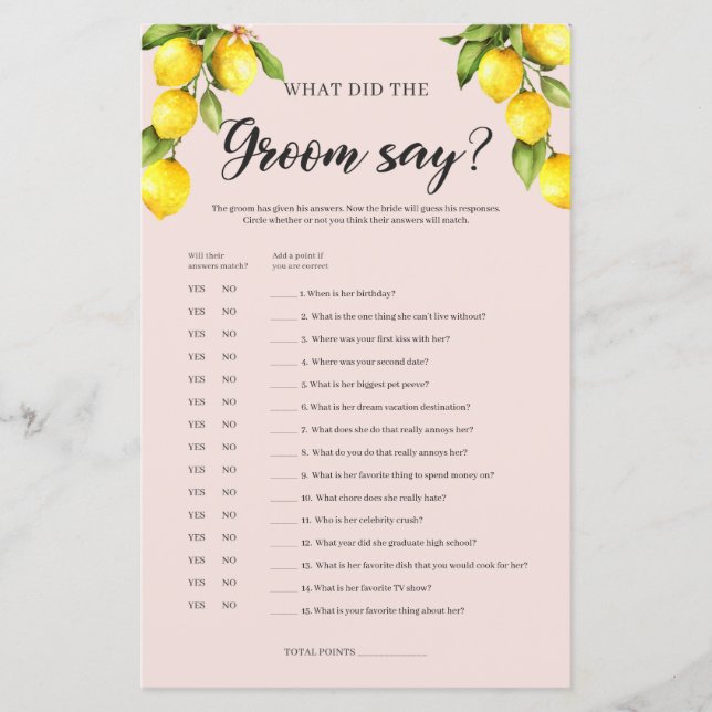 Citron bröllopsdusch Vad brudgummen sa spelet (Framsida)