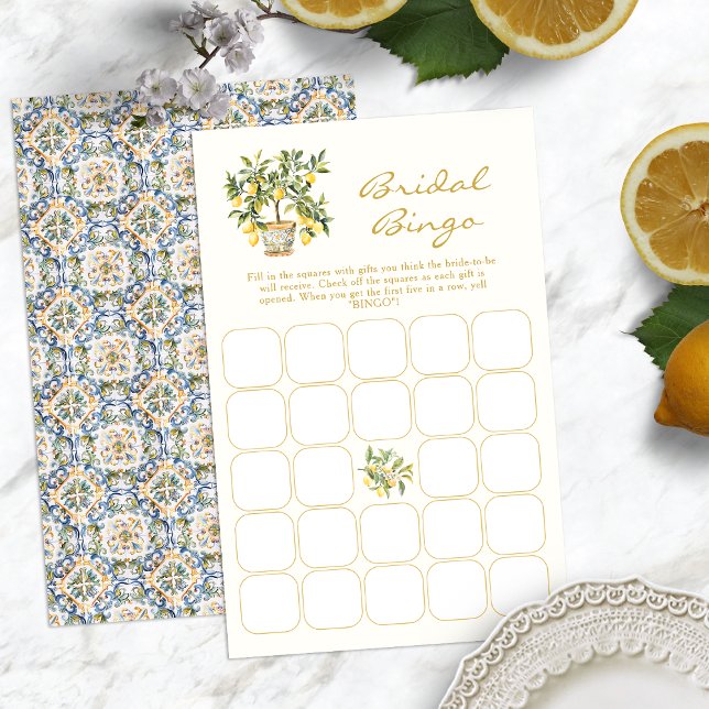 Citron Bröllopsspel (Italian Lemon Bridal Bingo Game Blue Tile Back by Painted Paperie
)