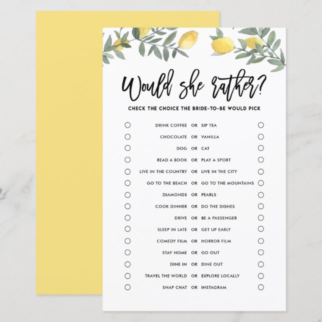 Citron Brudens föredrar bröllopsfest spel (Fram/baksida)