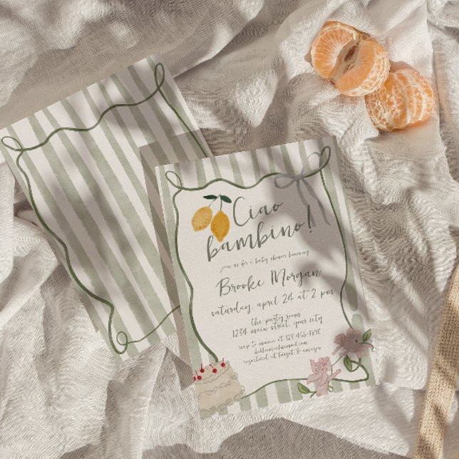 Citron Ciao Bambino Italiensk Könsneutral Inbjudningar (Italian Lemon Gender Neutral Baby Shower Invite)