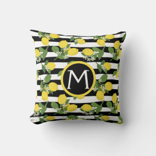 Citron Citroner Citrus Monogram Svarta Ränder Kudde
