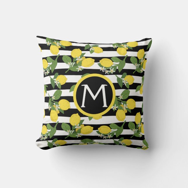 Citron Citroner Citrus Monogram Svarta Ränder Kudde (Framsida)