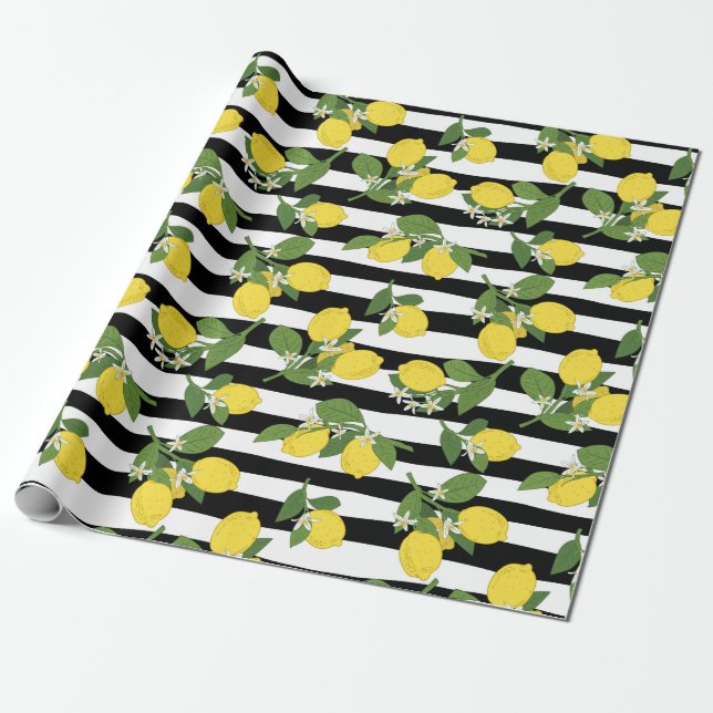 Citron Citroner Gul Svarta Ränder Presentpapper (Utrullad)