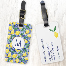 Citron Citrus Akvarell Blå Kakel Monogram Bagagebricka
